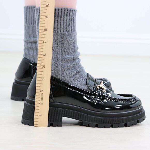 Black Patent Horsebit Loafers Chunky Platform Lug Sole Slip-Ons Modern Academia - Picture 6 of 16